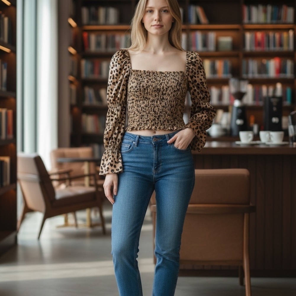 STORIA Smocked Leopard Print Puff-Sleeve Top – Chic + Flirty - SOFT - Medium - Picture 2 of 5